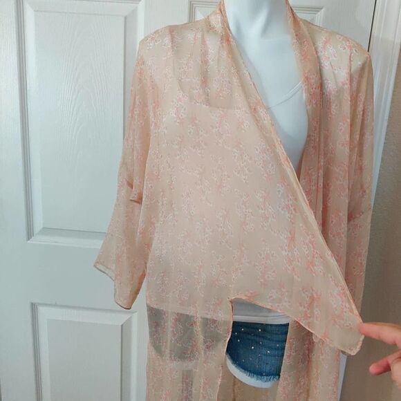 Vince Camuto sheer long silky floral open front drop shoulder kimono cardigan OS - Picture 10 of 11